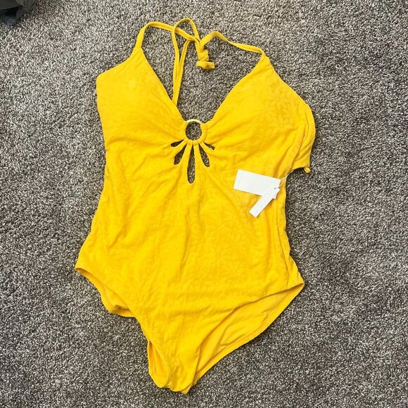 NWT, Trina Turk Joplin Jacquard Petal Cutout Plunge Swimsuit, Daisy, Size 14 - Picture 3 of 8